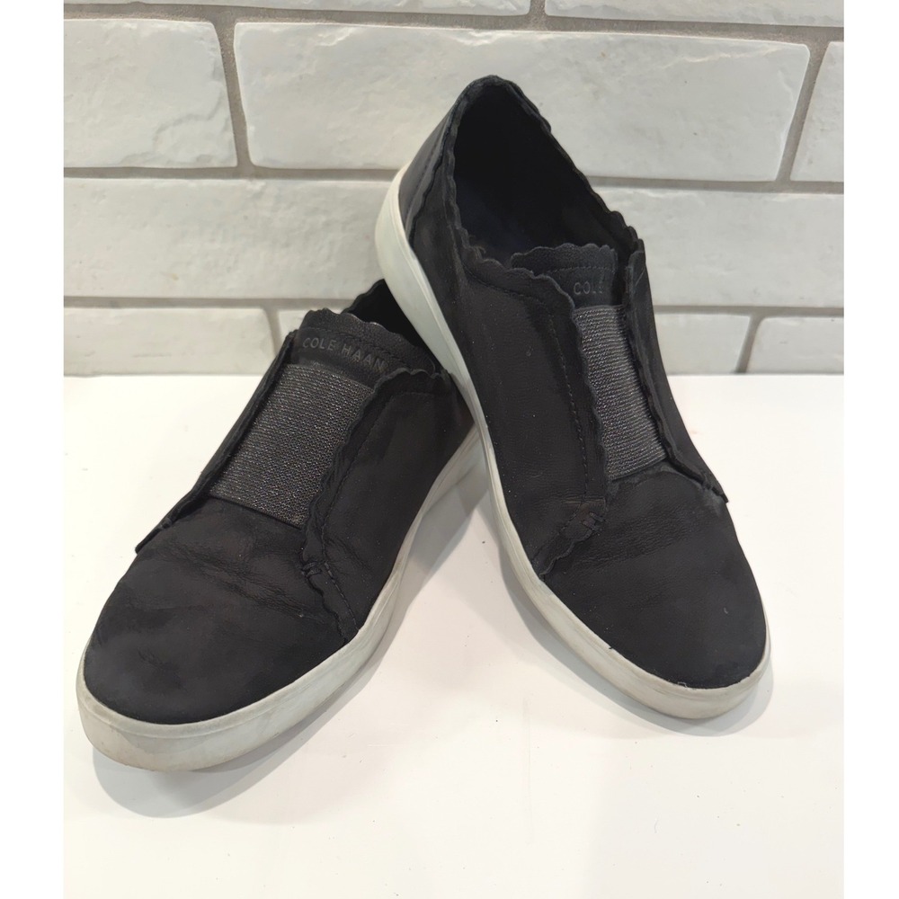 Cole Haan Grand.OS Slip On Sneakers Womens 7.5 Black Leather Scalloped W17782